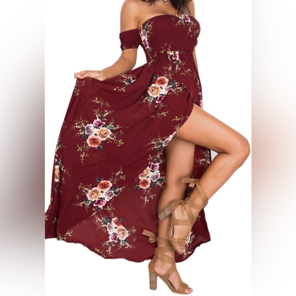 Floral Off The Shoulder Split Chiffon Maxi Beach Dresses